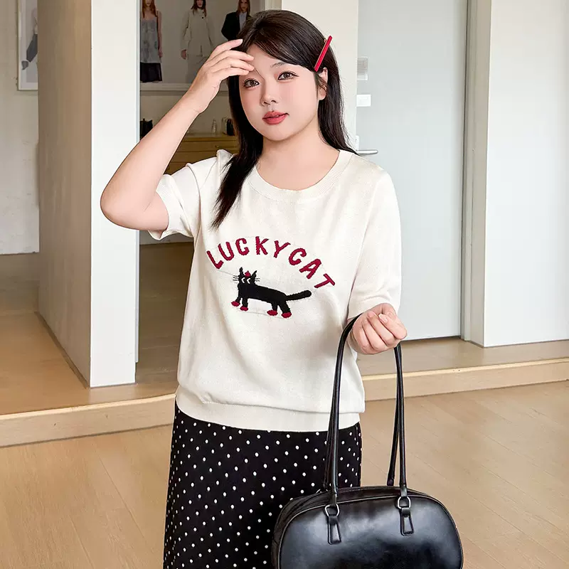 大码女装圆领上衣女提花小猫针织衫2025夏款胖mm宽松短袖t恤22871