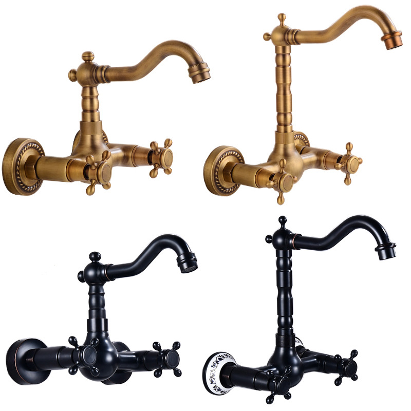 欧式全铜仿古入墙式龙头洗脸盆双孔可旋转浴缸木桶黑古冷热水龙头