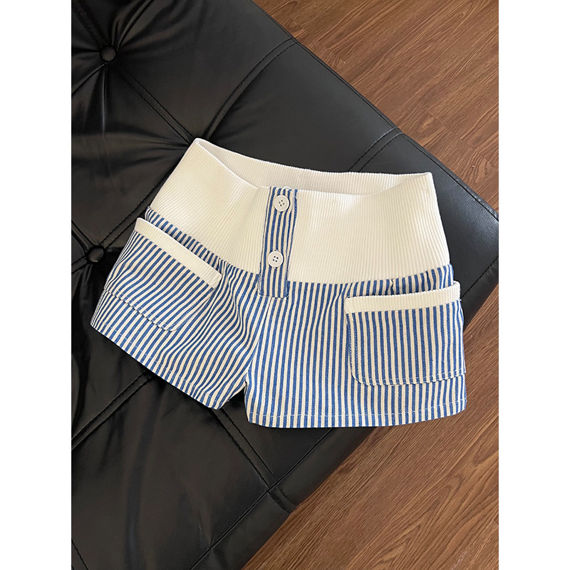 Hot Girl Style Striped Patchwork High-Waisted Casual Sleep Shorts for Women, Suitable for Summer Outings, Slim Fit, Versatile, Home Sports Shorts Hot Girl Style Striped Patchwork High-Waisted Casual Sleep Shorts for Women, Suitable for Summer Outings, Slim Fit, Versatile, Home Sports Shorts