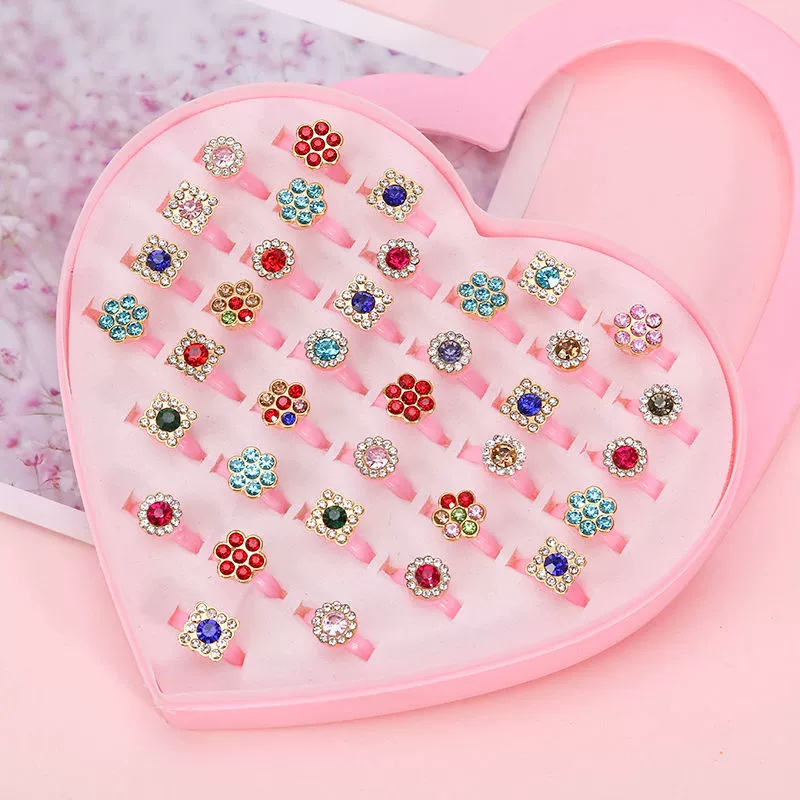 Children's Ring Set, multi-piece cartoon princess jewelry with gems, assorted boxes