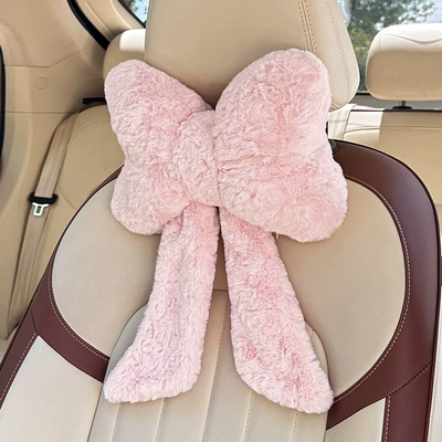 Blue Rain New Product Car Headrest and Lumbar Support Winter Plush Car Neck Pillow Simple Car Lumbar Cushion Pillow (Waist support) - rabbit-fur-frosted-bow-ribbon-headrest-pink