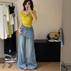 salin牛仔裤设计感不规则假两件裙裤2025夏屁帘牛仔微喇裤女7517