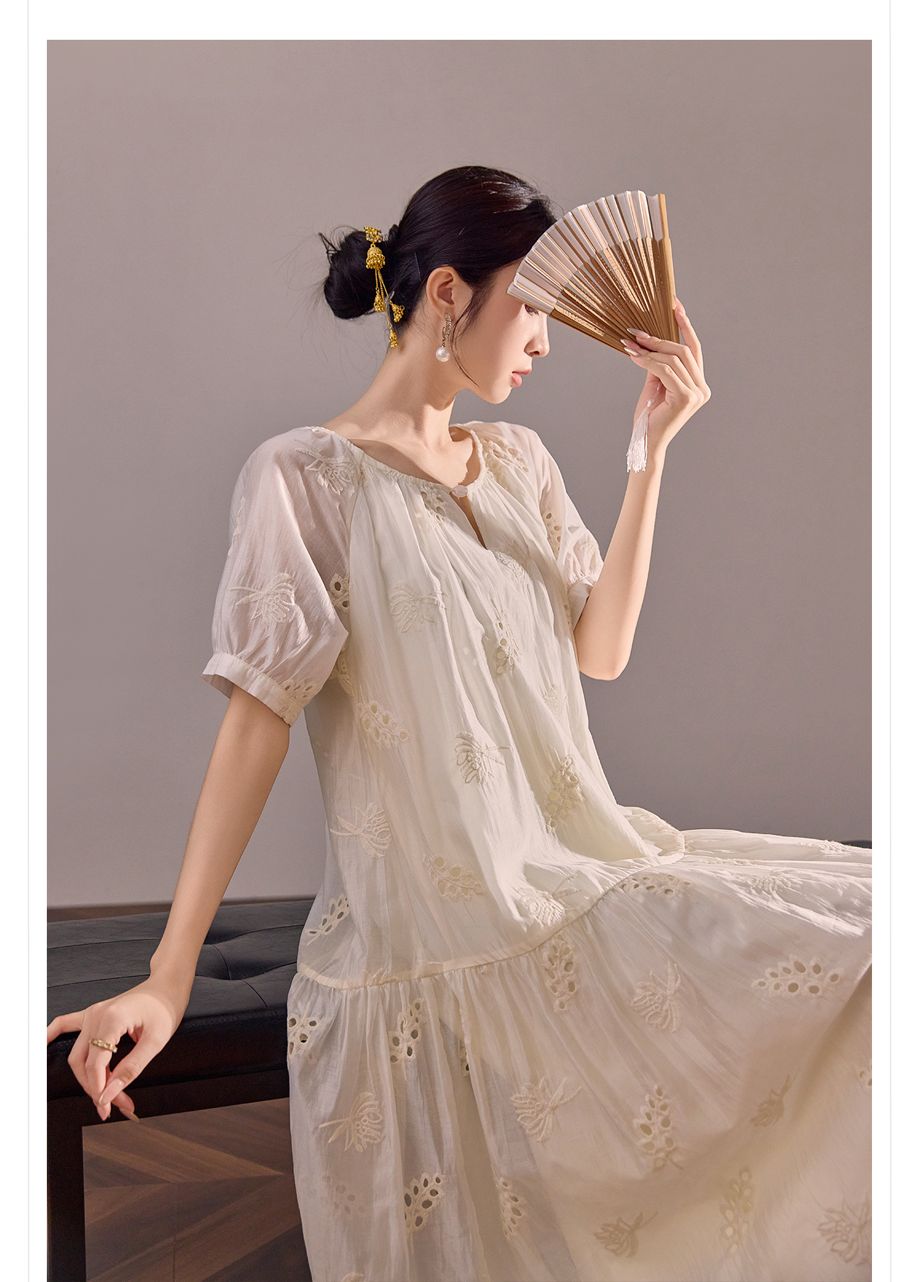 Váy maxi dáng rộng phong cách Trung Hoa mới cao cấp mùa hè chất Tencel cho người dáng nhỏ — Màu trắng nhạt chi tiết 8