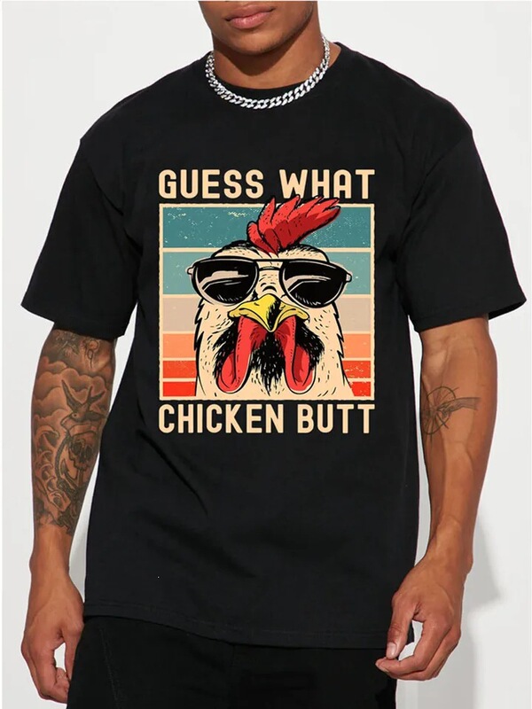 【Cross-Border European Size】Men's T-Shirt with Funny Chicken Butt Graphic, Casual Short-Sleeve Summer T-Shirt, Black
