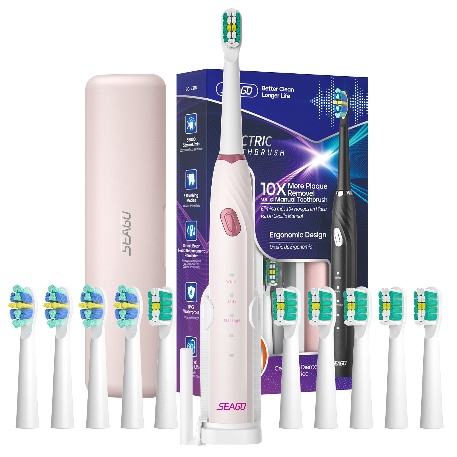 2316 잉글리쉬-핑크 [메인손잡이+칫솔모10개+여행용박스+칫솔홀더+충전케이블]