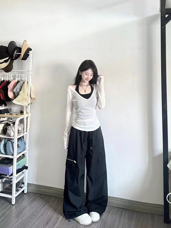 三件套女2025秋季纯欲风辣妹防晒长袖罩衫上衣吊带背心高腰阔腿裤|undefined