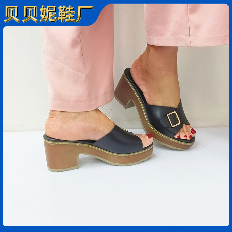 跨境时尚鞋欧美坡跟拖鞋女2025夏季新款一字带休闲厚底凉拖鞋|undefined
