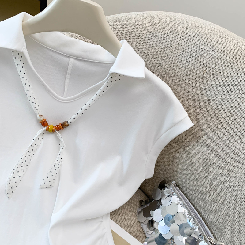 Áo thun polo nữ tay ngắn cổ bẻ kèm khăn lụa phong cách Pháp — màu trắng chi tiết 11