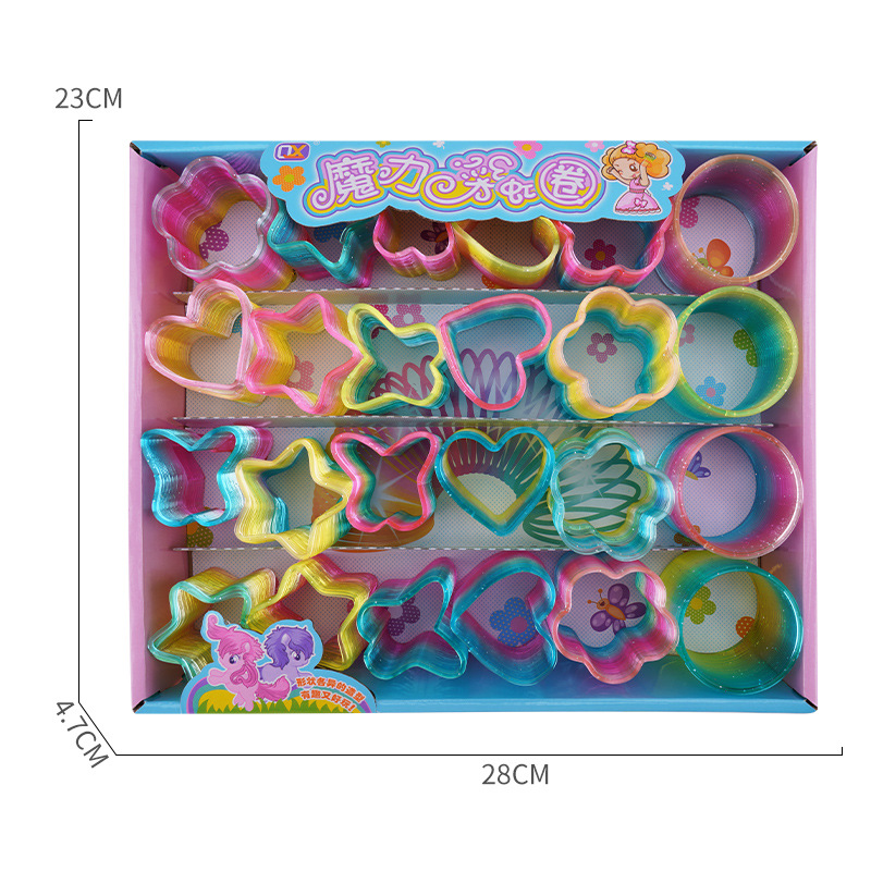 24 A box of medium shaped rainbow ring polygon spring ring students small gifts to push small toys wholesale
