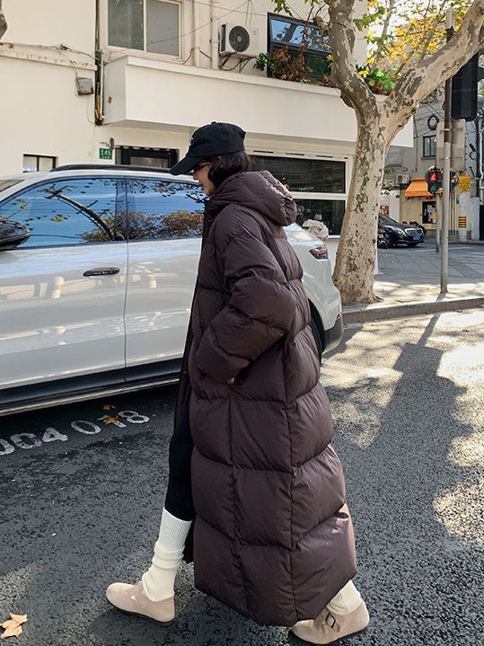 Big White Duck Maillard Over-The-Knee Hooded Large Quilt Women's Duck down Korean Style Loose Thickened Jacket down Jacket Winter Women