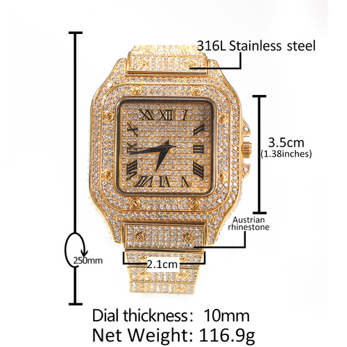 European and American hip-hop Roman scale quartz watch, fashionable full diamond square dial men's watch cross-border supply