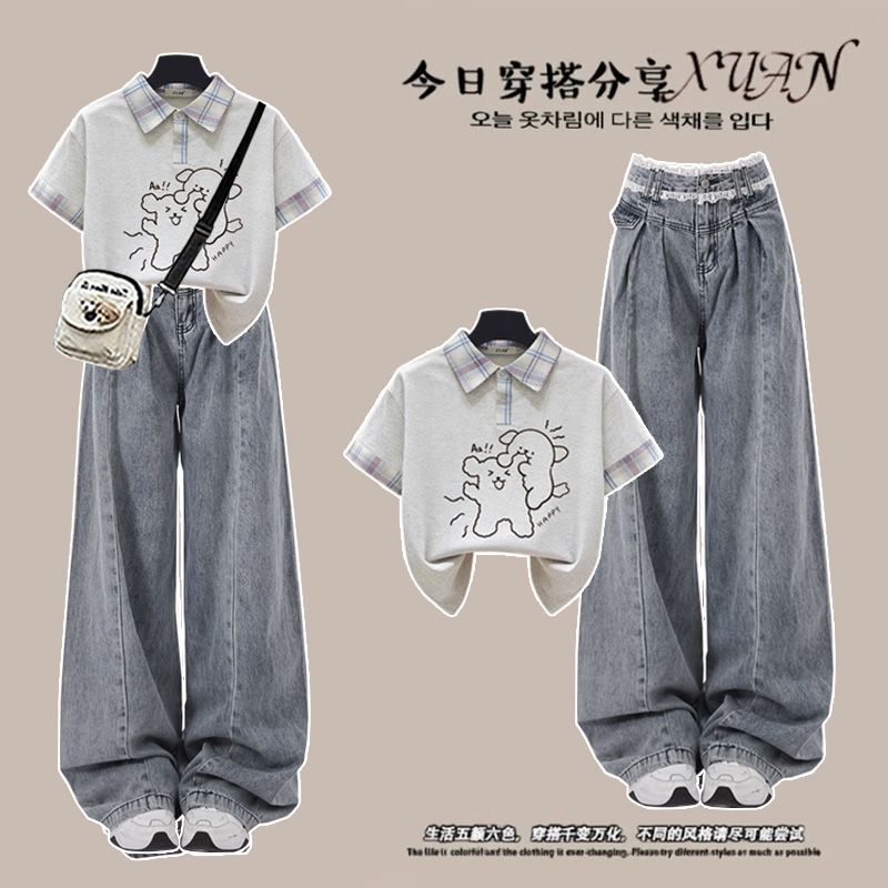 Fashionable Outfit # Retro Lapel Collar Korean-Style Plaid Patchwork Polo Short-Sleeve Shirt Paired with Lace-Trimmed Jeans. Fashionable Outfit # Retro Lapel Collar Korean-Style Plaid Patchwork Polo Short-Sleeve Shirt Paired with Lace-Trimmed Jeans.