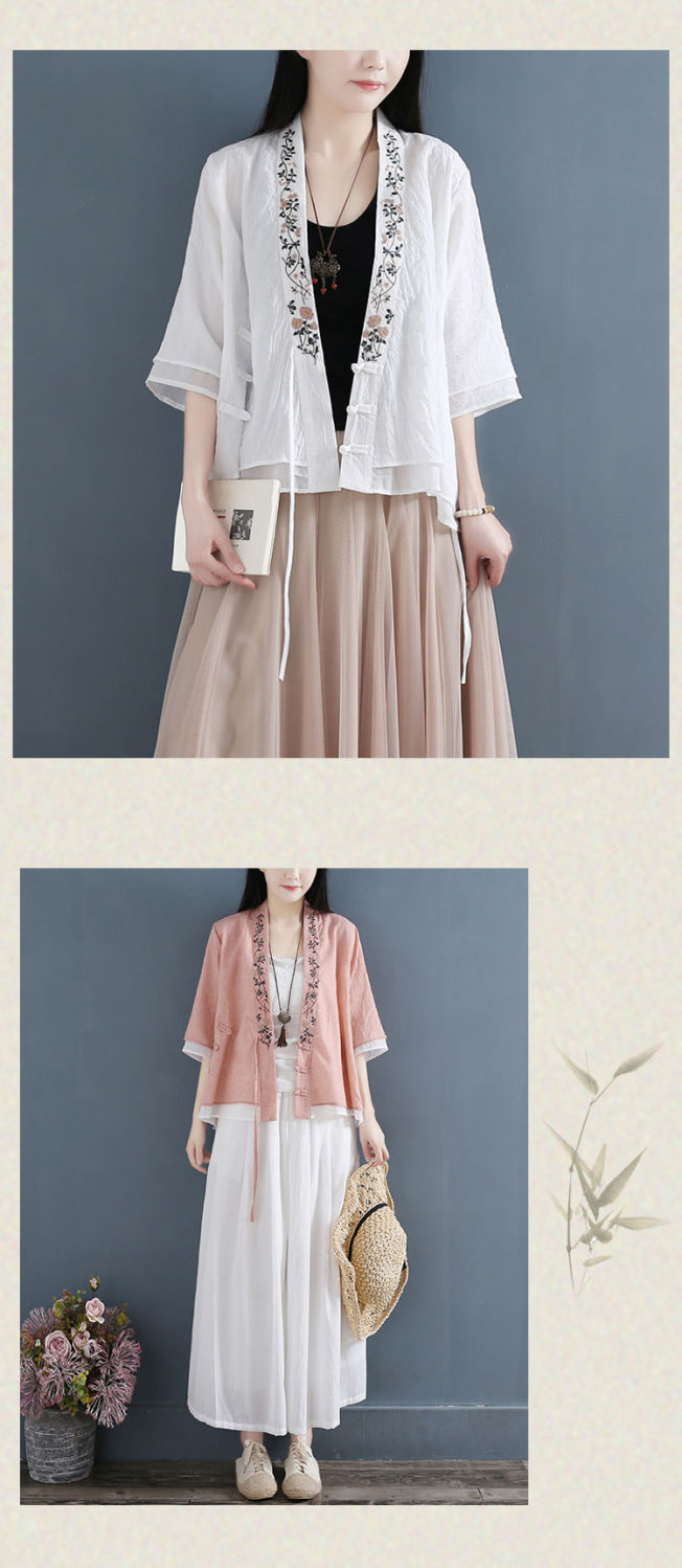 Women's Cotton Linen Embroidered Button Up Cardigan T-shirt_voghion.com