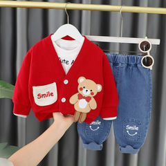 2023 Spring Korean Boys' Suit Spring New Cartoon Smiling Bear Three-piece Set Small and Medium-sized Children's Jeans Trendy