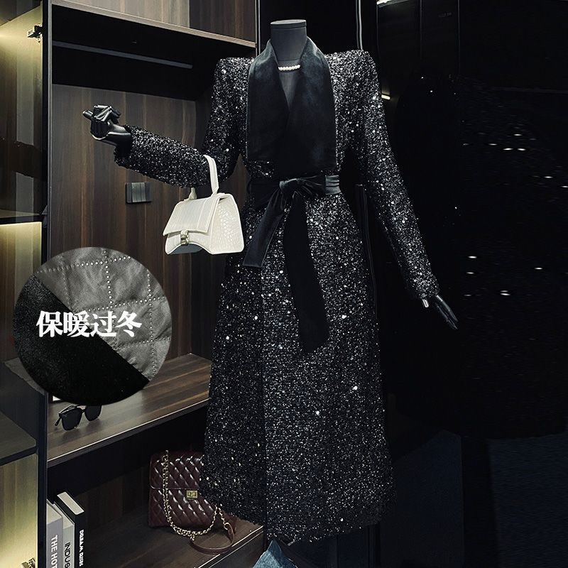 Designer Heavy Sequin Long Cotton Coat for Women Maillard Winter Outerwear Slimming Jacket