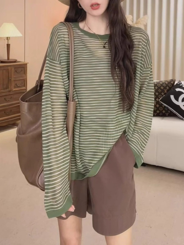 慵懒风蓝色条纹长袖t恤女夏季薄款宽松休闲冰丝防晒罩衫外搭上衣|undefined