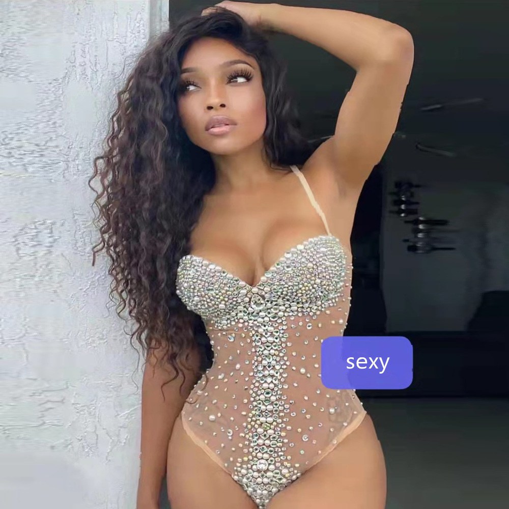 Γυναικεία Ρούχα STOCK τραγουδίστρια DJDS σέξι δικτυωτή πολυτελής ολόσωμη φόρμα με διαμάντια, τρίγωνο με ψηλό πιρούνι, κοστούμι σκηνής_voghion.com