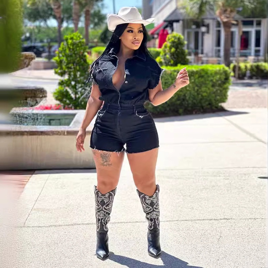 Amazon Cross-Border Hot Selling European and American Clothing Sexy Short-Sleeved Stretch Denim Jumpsuit Shorts Summer New Jumpsuit