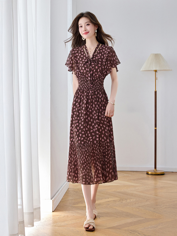 Đầm maxi nữ họa tiết hoa nhí thắt eo dáng chữ A dài quá gối — màu đen, màu hồng