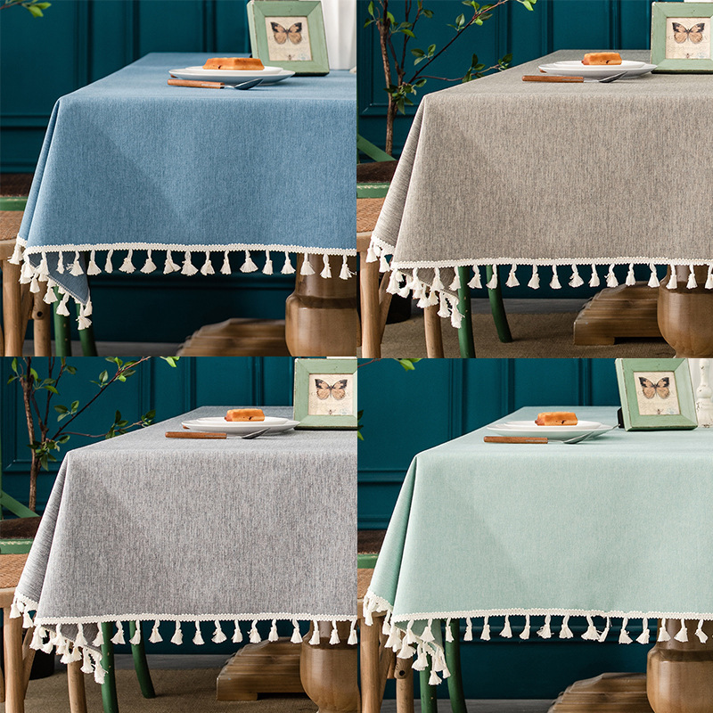 Amazon Cotton and Linen Tablecloth Waterproof and Oil-Proof No-Wash Solid Color Dining Table Cloth Restaurant Coffee Table Rectangular Tassel Tablecloth