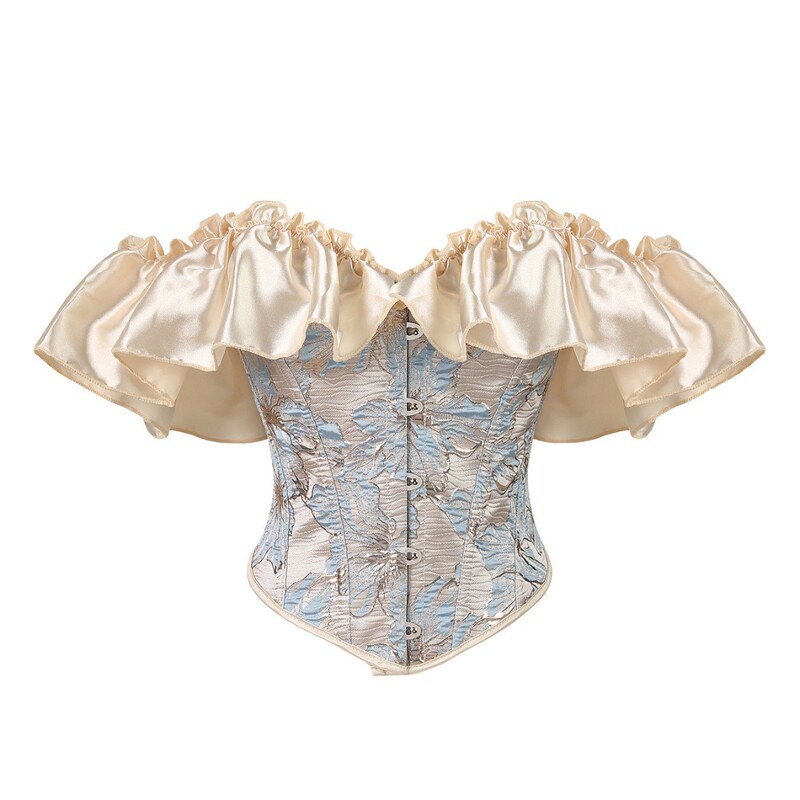 Spring new model bust-enhancing corset with satin floral ruffle sleeves, off-shoulder design, back tie, waist-cinching court-style shapewear Spring new model bust-enhancing corset with satin floral ruffle sleeves, off-shoulder design, back tie, waist-cinching court-style shapewear