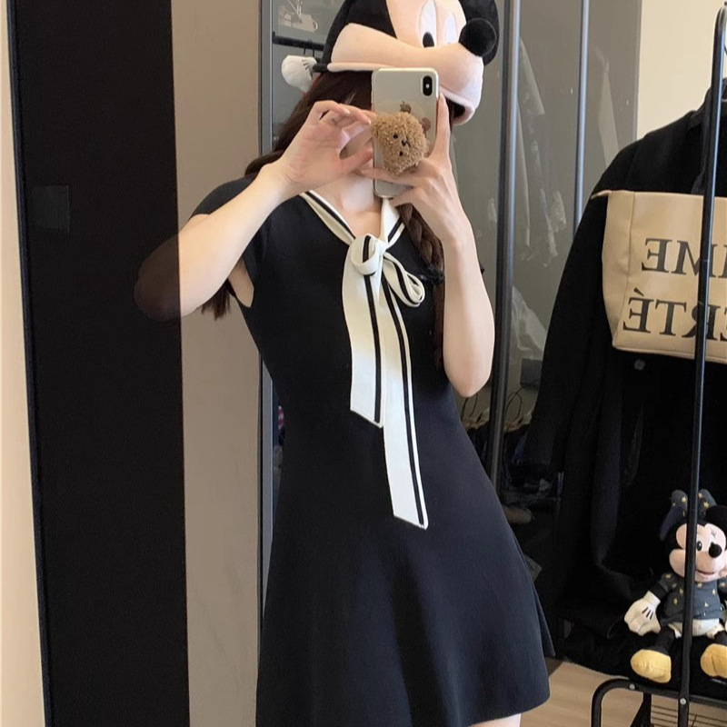 Eggka Navy Collar Shawl Color-Block Short-Sleeve Floral Dress for Women, Summer College Style Black Regular Shoulder A-Line Short Dress