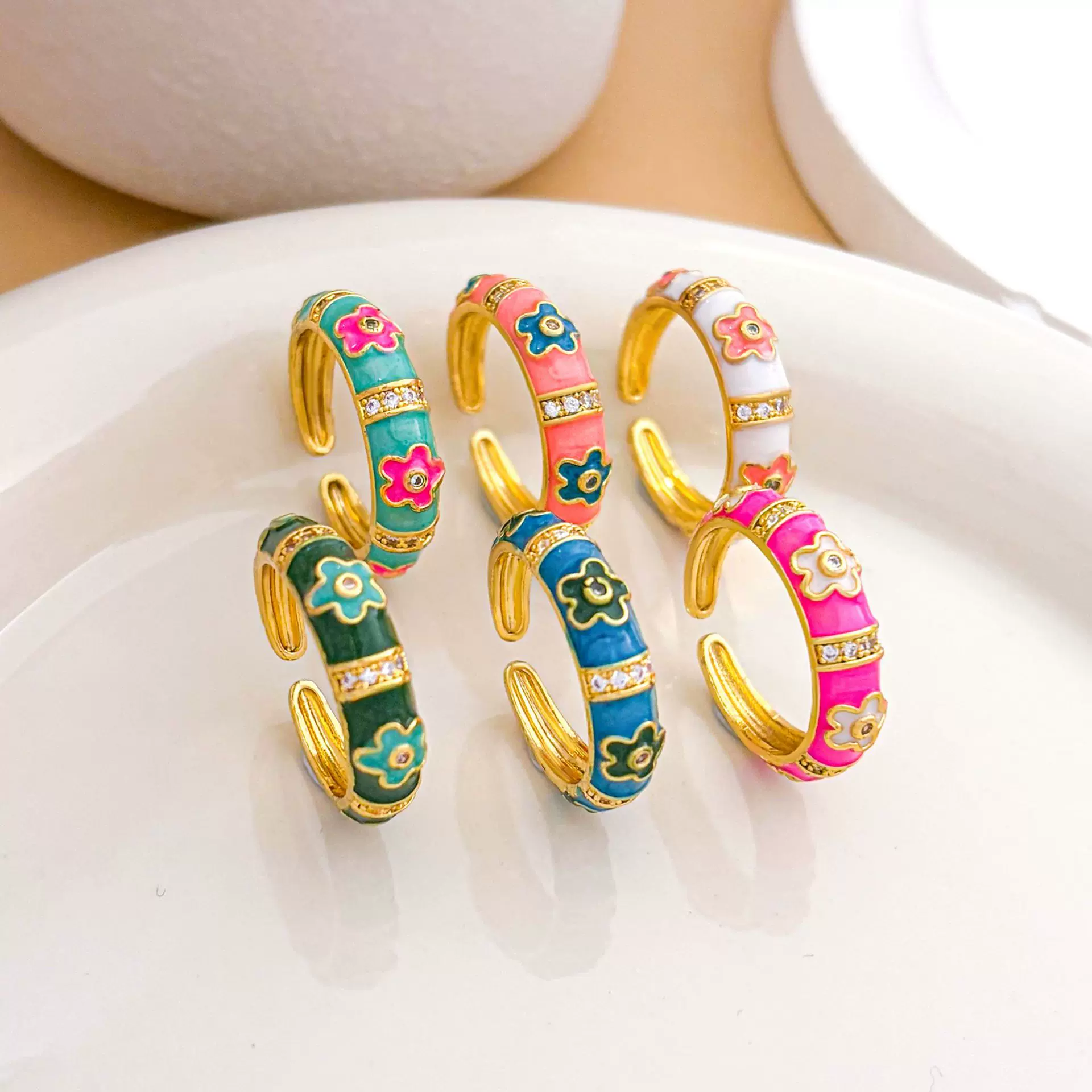 戒指跨境新款铜镀18K金彩色花朵滴油珐琅彩镶锆戒指可调节指环女