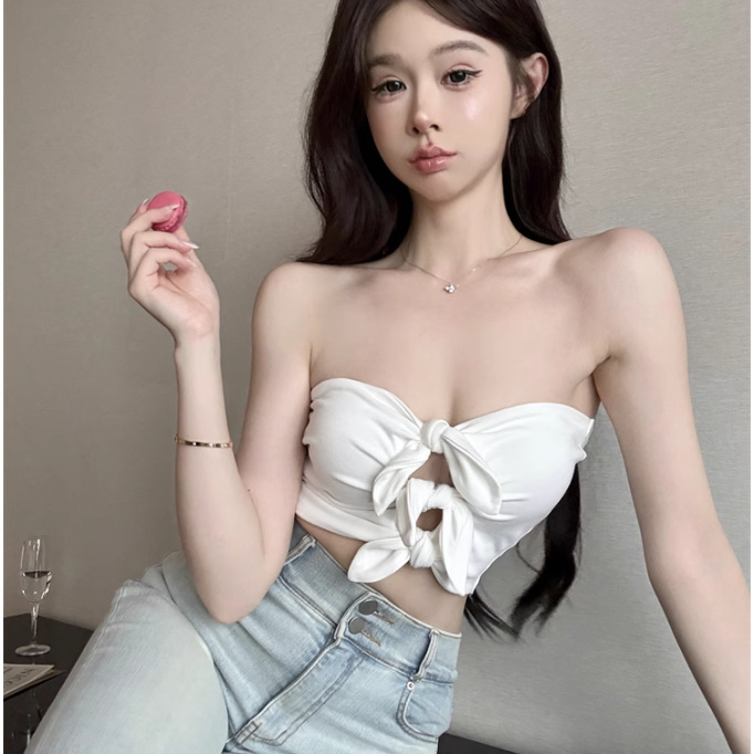 French Bow Tie Tube Top Women's Summer Outer Wear Slim Sexy Off-Shoulder Sleeveless Top 5564