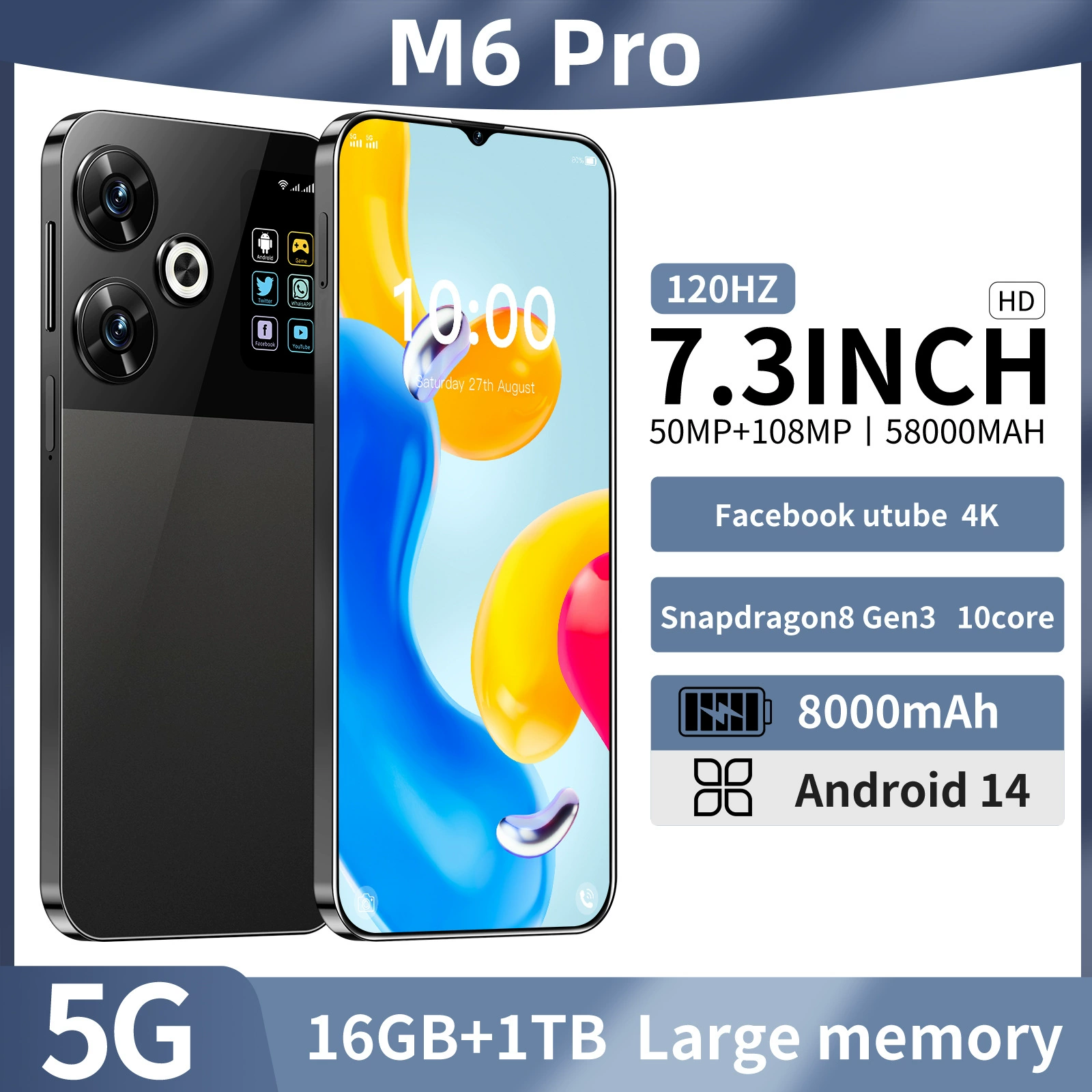 M6 PRO новая точка Android 16+1T смартфон 7.3 дюйма высокое качество экрана кросс-бордерное внешнеторговое агентство (взрывная модель)