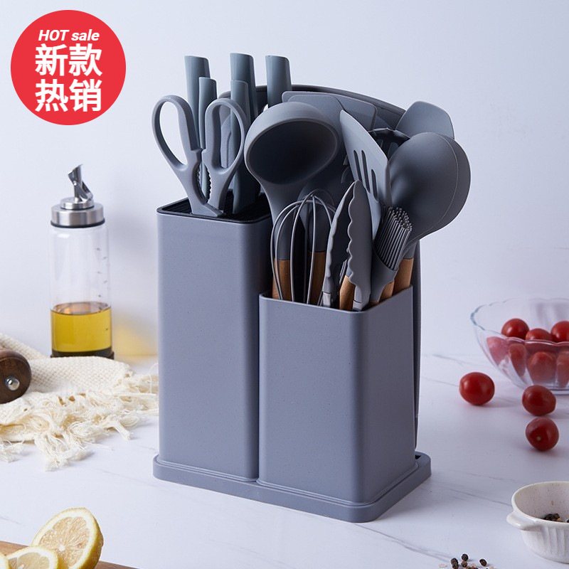 Juego de utensilios de cocina de silicona transfronteriza de 19 piezas de madera antiadherente con mango de madera, combinación de herramientas de acero inoxidable con cubo de almacenamiento, juego de herramientas