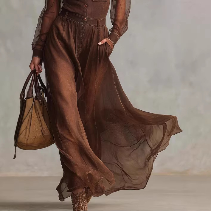 Retro Brown Cotton Maxi Dress With Button V Neck Long Sleeve Organza Stitched For Women European And American Style Independent Website_ecoleips.com