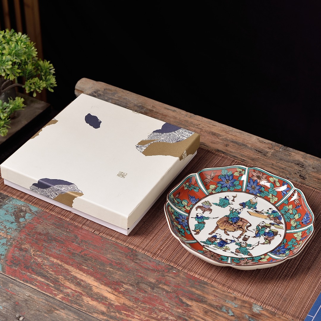日本九谷烧时代绘陶瓷复古八角葵口盘日式木米料理盘赏盘家用餐具