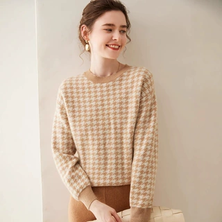 山羊绒针织打底衫女长袖圆领千鸟格2024秋冬新款设计时尚百搭保暖