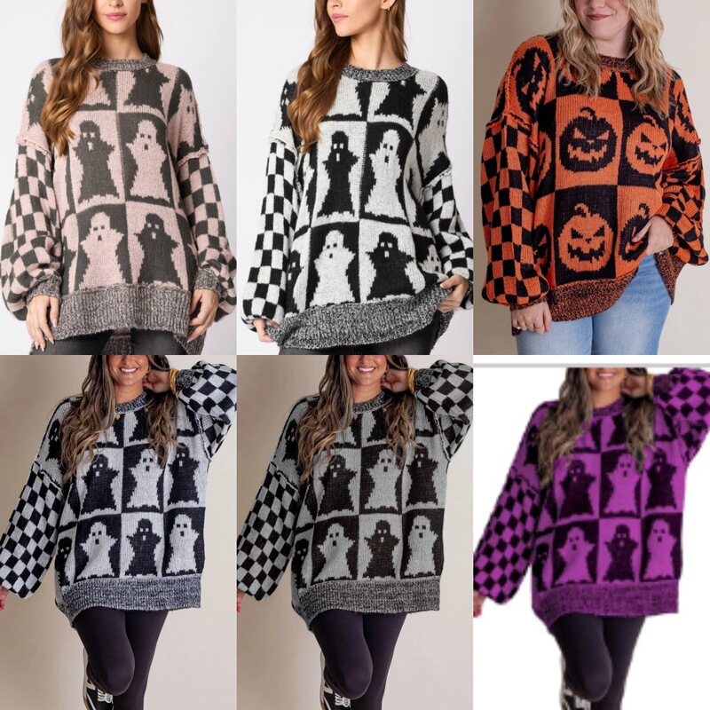 アマゾン秋冬の新型クロスボーダー欧米の女装の頭のニットのハロウィンの幽霊の格子縞の丸首のセーターの女性|undefined