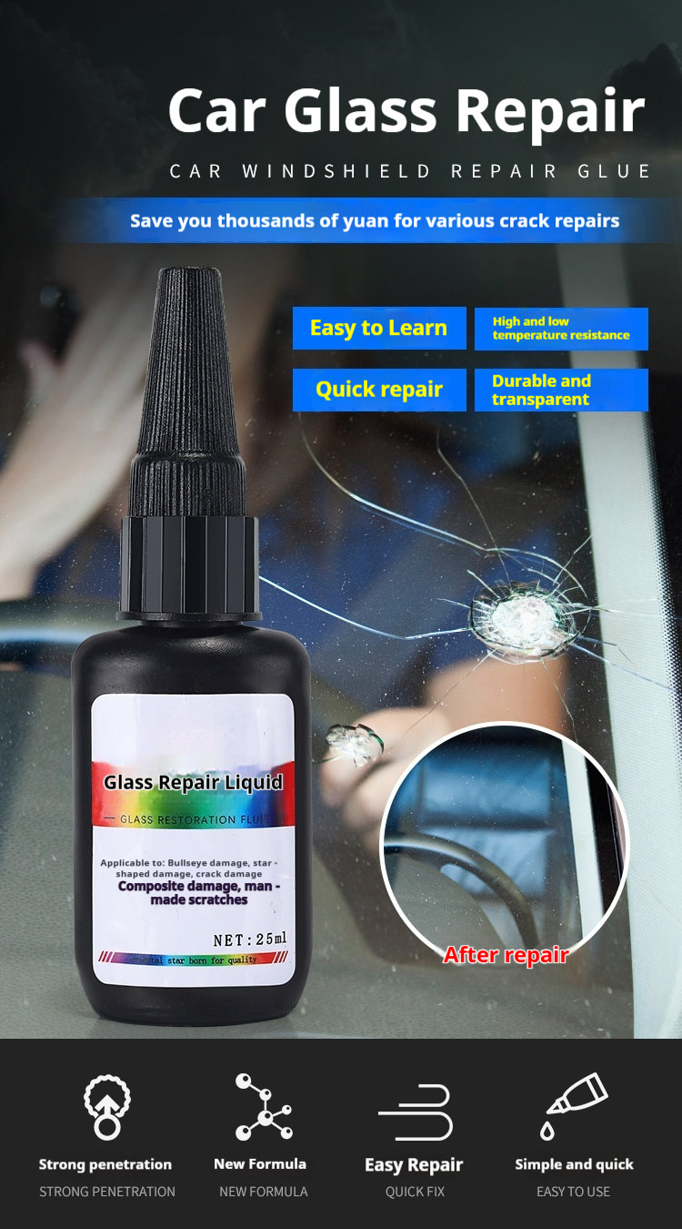 Cross-Border Supply of Automotive Glass Repair Fluid for Front Windshield Scratch Repair, Windshield Crack Repair, Crackless Adhesive