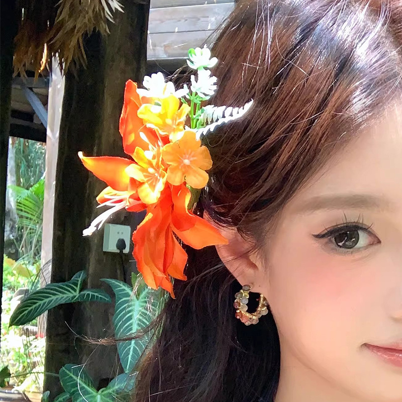 Fairy-Like Atmosphere, Super Fairy Orange Lily Flower Side Clip for Women's Back of the Head, High-End Flower Hair Accessories, Holiday Accessories Fairy-Like Atmosphere, Super Fairy Orange Lily Flower Side Clip for Women's Back of the Head, High-End Flower Hair Accessories, Holiday Accessories