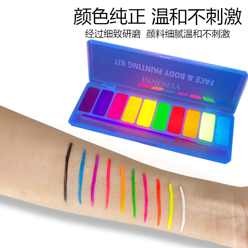 Cross-border 12-color fluorescente soluble en agua pintura corporal Cara color burlas maquillaje Copa Mundial ventiladores pintura al óleo