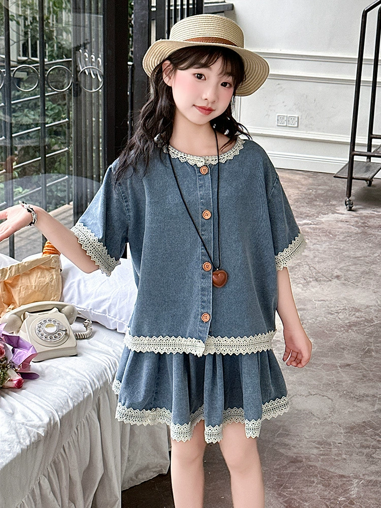 Летний ретро denim набор, мини-юбка, для подростков, с коротким рукавом