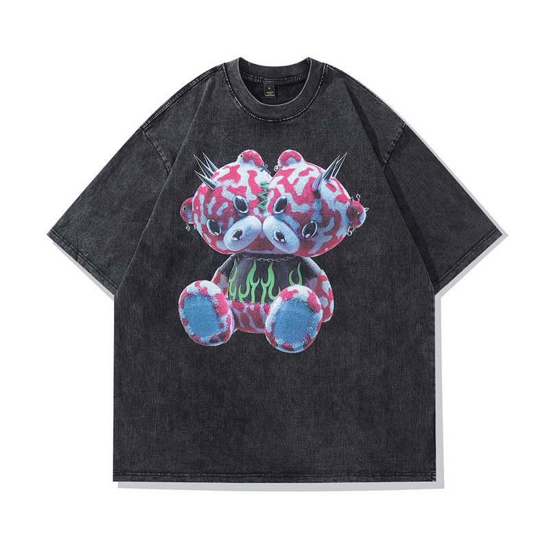 TKPA美式高街抽象卡通洗水做舊小領口短袖T恤男款情侶半袖上衣女