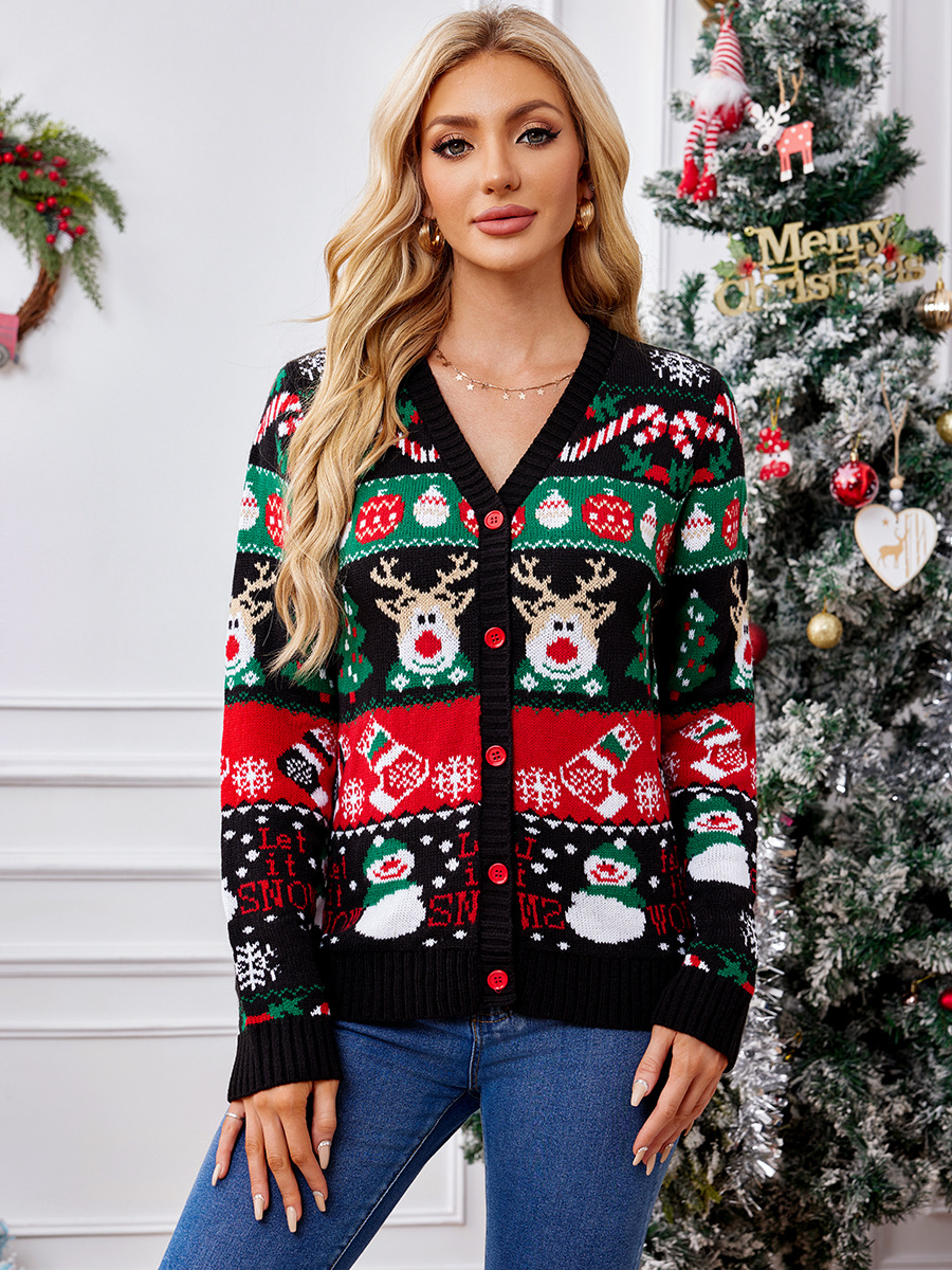 Cardigan de punto suelto transfronterizo 2026 otoño y invierno nuevo abrigo de suéter de navidad de mangas largas de mujeres casuales