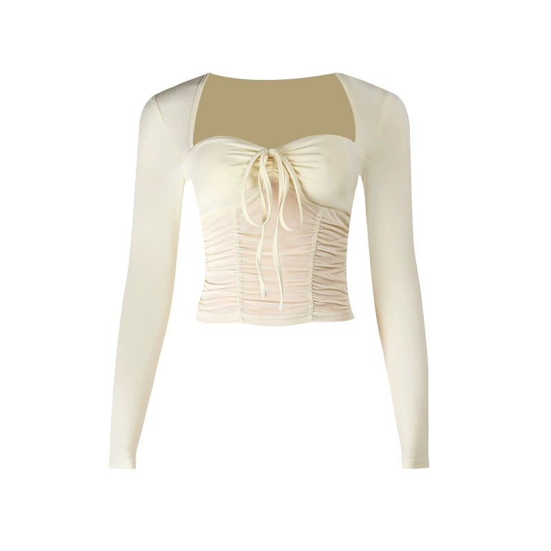 Long-sleeve knotted mesh top, gathered tie-front bust — versatile autumn style