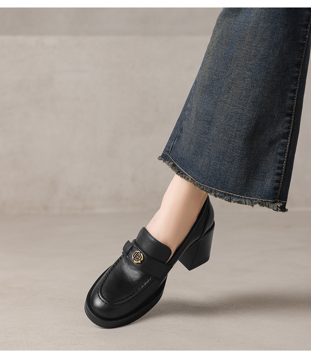 Giày loafer nữ cao gót phong cách Anh quốc vintage, da bò thật gót vuông — màu nâu chi tiết 8