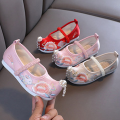 Hanfu embroidered shoes for girls, old Beijing children's cloth shoes, tendon sole dance shoes, Chinese style costume embroidered children's shoes
