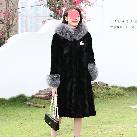 T5H海宁2021新款进口貂皮大衣女真貂中长款连帽过膝水貂皮草拼貂