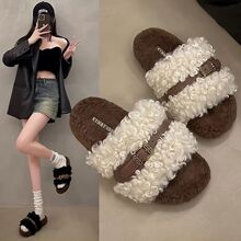 潮流卷毛勃肯拖鞋女25秋冬新品小众狂野风皮带装饰增高厚底毛毛鞋