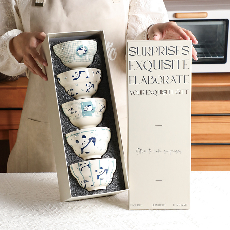 Panda Ceramic Bowl Household Rice Bowl 2024 New Style Tableware Gift Box Underglaze Color Small Bowl Japanese Style Cute High-Foot Bowl