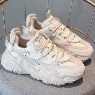 Shougu Apricot Thick-Soled Nubuck Leather Daddy Shoes for Women 2025 Spring New Thick-Soled Hong Kong Style Street Slimming Look Sneakers