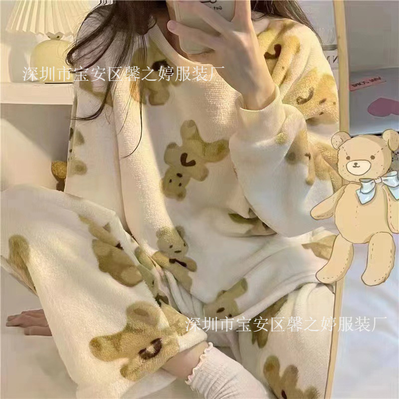 Coral Velvet Pajamas for Women Winter Thickeneded Warm Long-Sleeved Internet Celebrity Style Flannel Cartoon Spring & Fall Home Wear Set Coral Velvet Pajamas for Women Winter Thickeneded Warm Long-Sleeved Internet Celebrity Style Flannel Cartoon Spring & Fall Home Wear Set