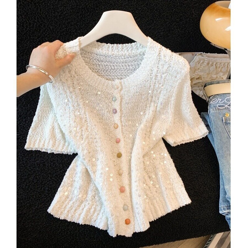 Colorful sequin knitted short-sleeve cardigan for women, 2026 summer new style, high-end, unique and beautiful top, wholesale new model Colorful sequin knitted short-sleeve cardigan for women, 2026 summer new style, high-end, unique and beautiful top, wholesale new model