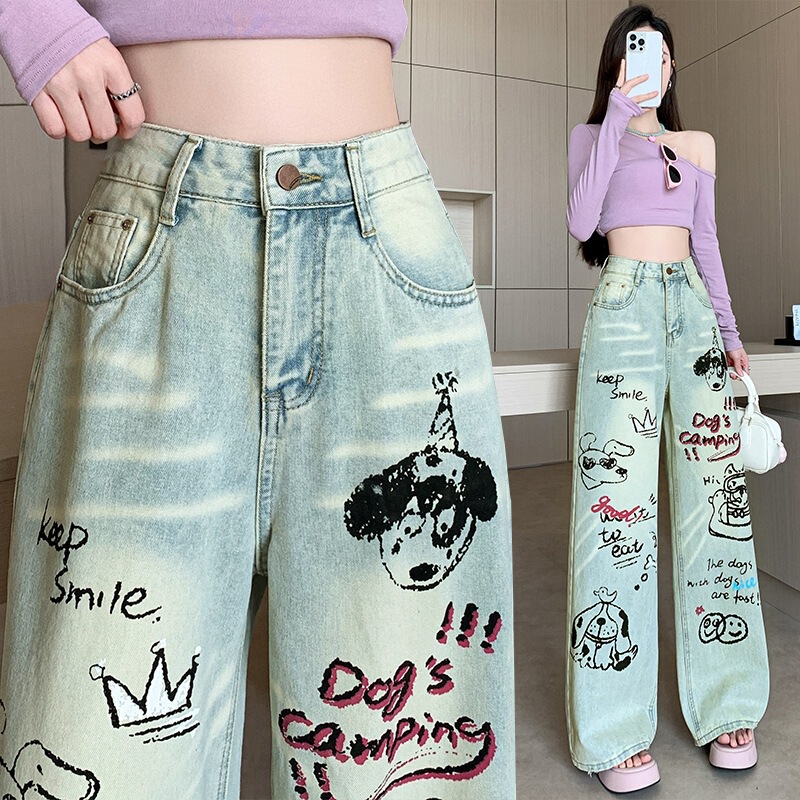 Real Shot of Heavy Craftsmanship Graffiti Denim Wide-Leg Pants for Women 2025 Spring High-Waisted Versatile Street-Style Straight-Leg Floor-Length Trendy Pants